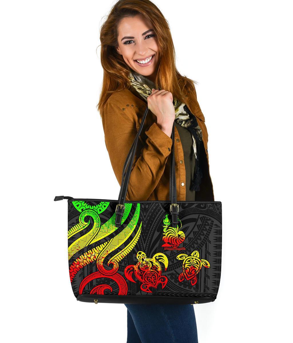 New Caledonia Large Leather Tote - Reggae Tentacle Turtle Reggae - Polynesian Pride