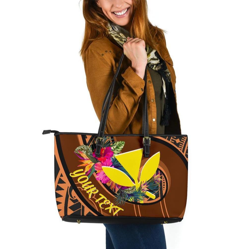 Hawaii Kanaka Maoli Personalised Leather Tote Bag - Polynesian Hook And Hibiscus Dark Salmon - Polynesian Pride