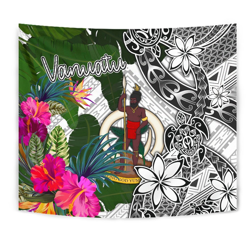 Vanuatu Tapestry White - Turtle Plumeria Banana Leaf Wall Tapestry White - Polynesian Pride