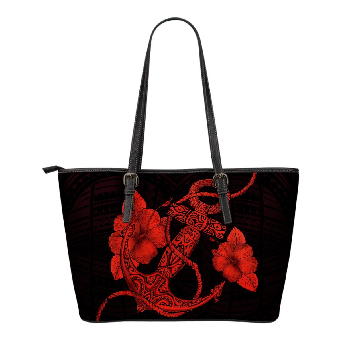 Anchor Red Poly Tribal Small Leather Tote Red - Polynesian Pride