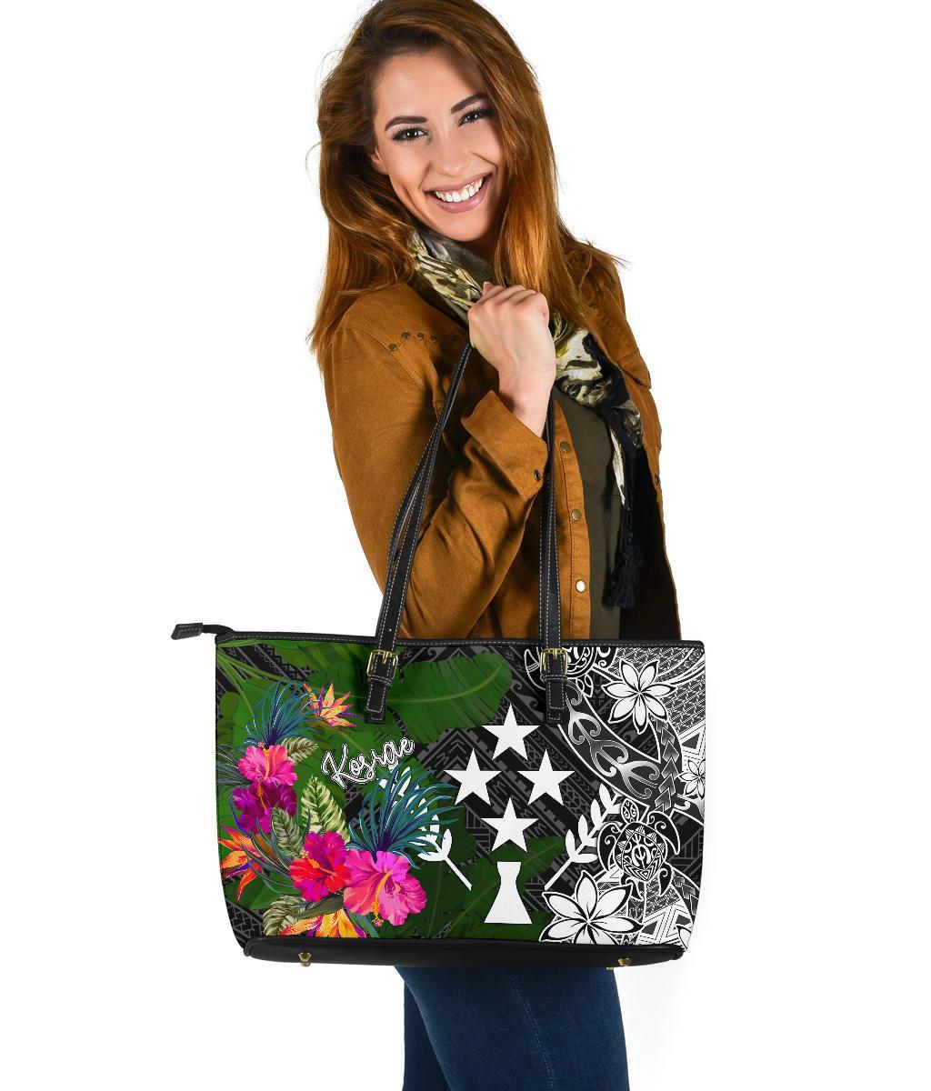 Kosrae Large Leather Tote Bag - Turtle Plumeria Banana Leaf Black - Polynesian Pride