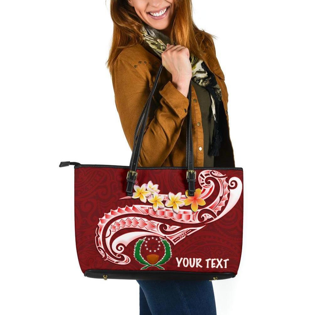 Pohnpei Personalised Large Leather Tote Bag - Pohnpei Seal Polynesian Patterns Plumeria Red - Polynesian Pride