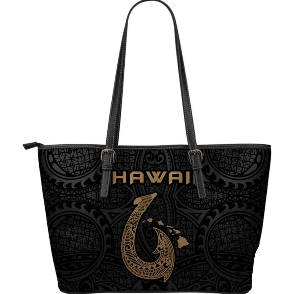 Hawaii Hook Map Large Leather Tote Black - Polynesian Pride