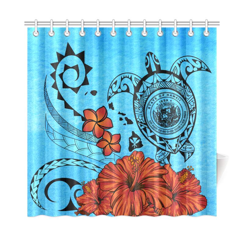 Hawaiian Map Kanaka Sea Turtle Seal Of Hawaii Hibiscus Plumeria Polynesian Shower Curtain 177 x 172 (cm) Blue - Polynesian Pride