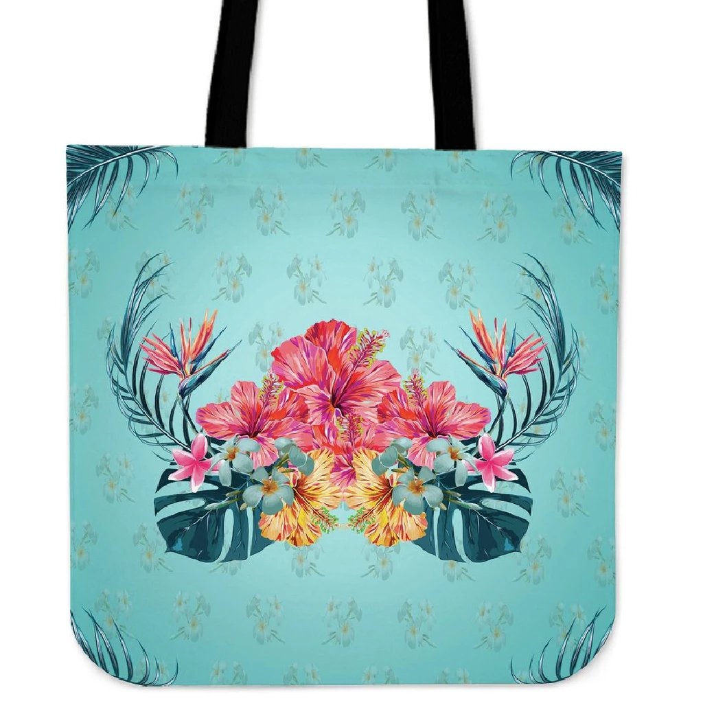 Flower Hibiscus Plumeria Centre Tote Bag Tote Bag One Size Black - Polynesian Pride