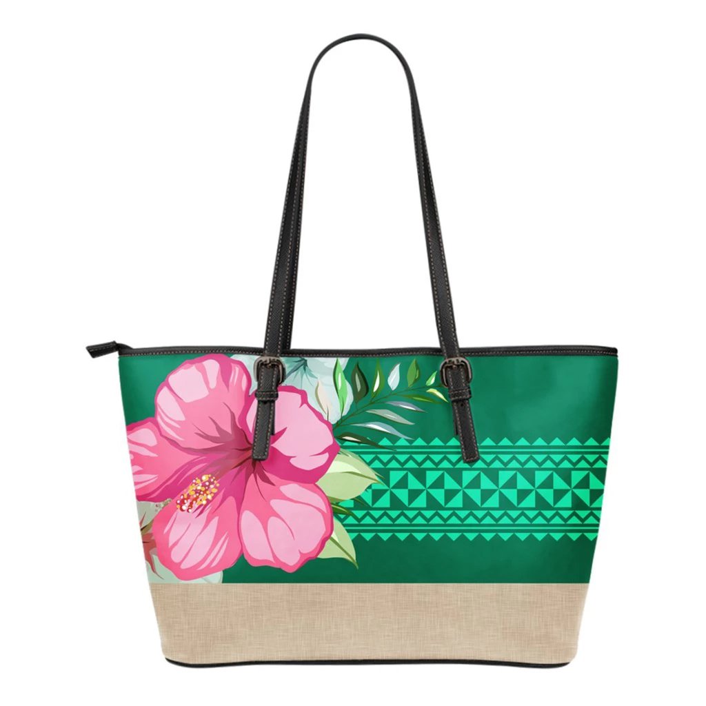 Hawaii Hibiscus Green Small Leather Tote Green - Polynesian Pride