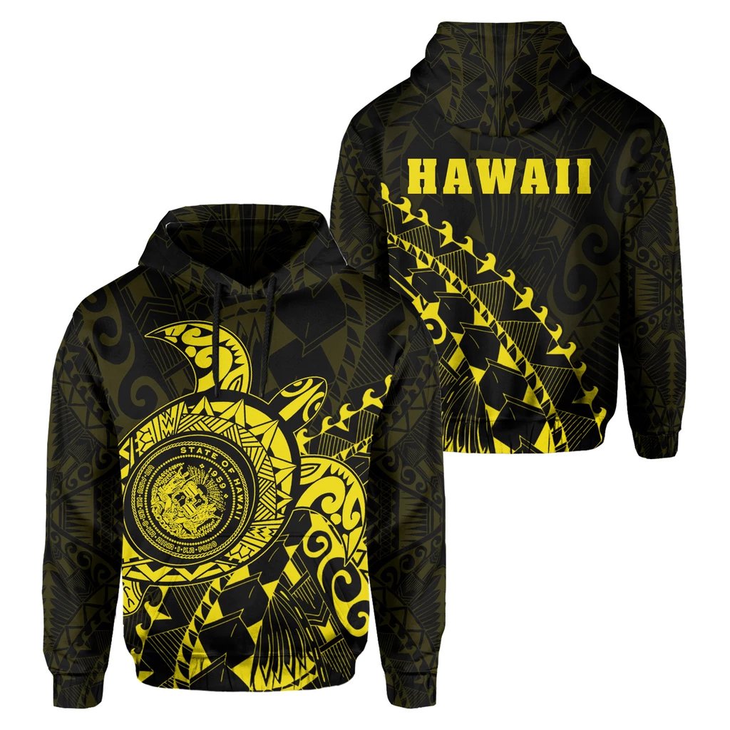 Hawaii Coat of Arms Hoodie (Yellow) Turtle Style Unisex White - Polynesian Pride