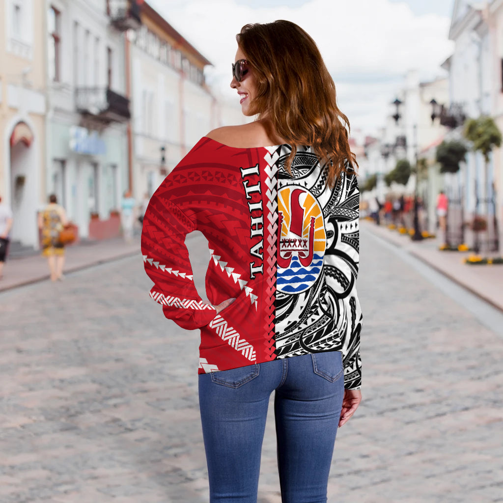Tahiti Unique Off Shoulder Sweater Polynesia Pattern LT13 - Polynesian Pride