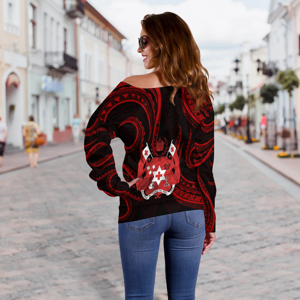 Tonga Pattern Off Shoulder Sweater Always Proud LT13 - Polynesian Pride