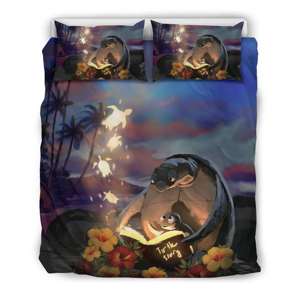 Hawaiian Hibiscus Palm Tree Turtle Read Book Polynesian Bedding Set Black - Polynesian Pride