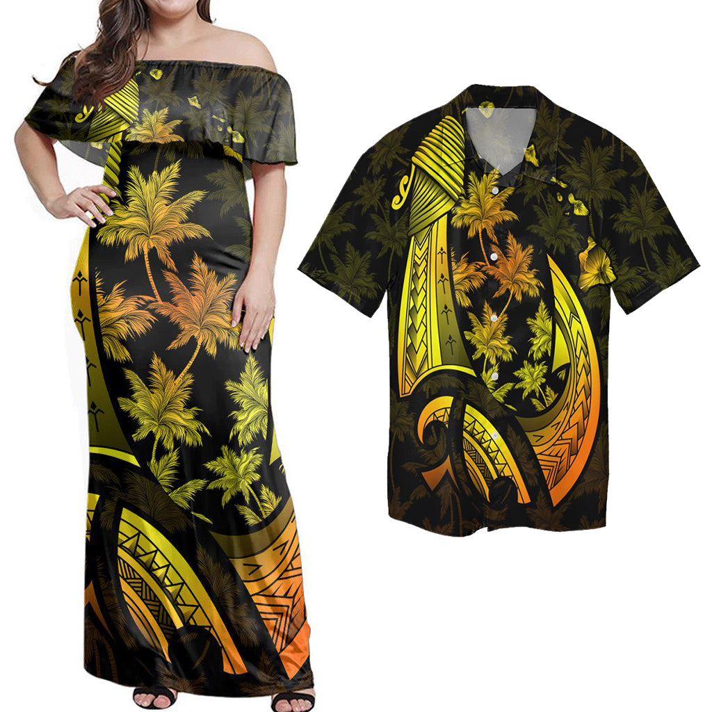 Hawaii Matching Dress and Hawaiian Shirt Hawaii Map Palm Trees Fish Hook Polynesian Colorful Yellow No Dress - Polynesian Pride
