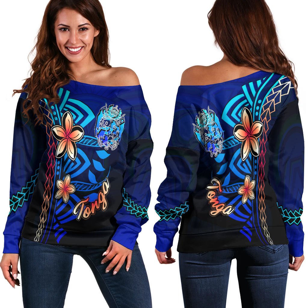 Tonga Women's Off Shoulder Sweater - Vintage Tribal Mountain Blue - Polynesian Pride