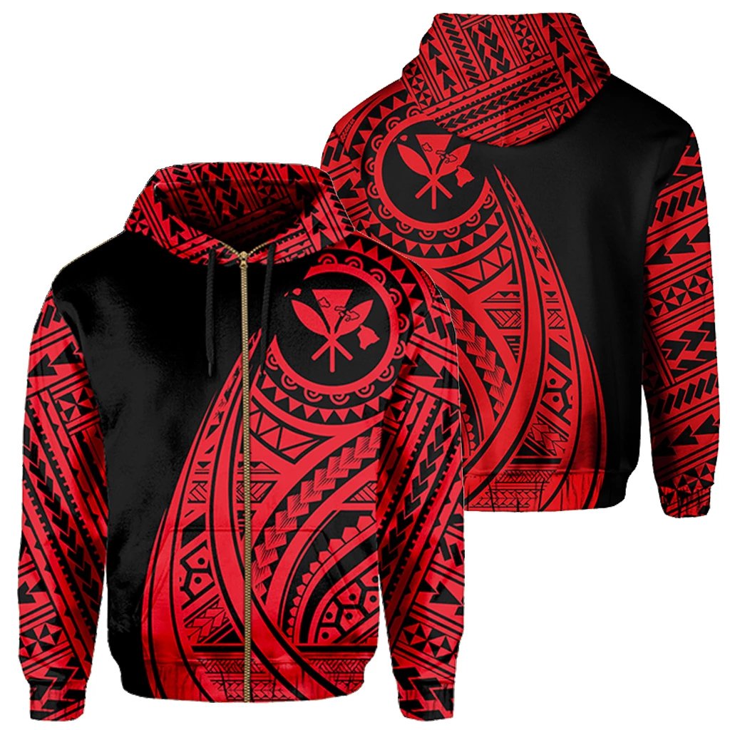 Hawaii Kanaka Polynesian Zip up Hoodie Tatoo Style Red Unisex Red - Polynesian Pride