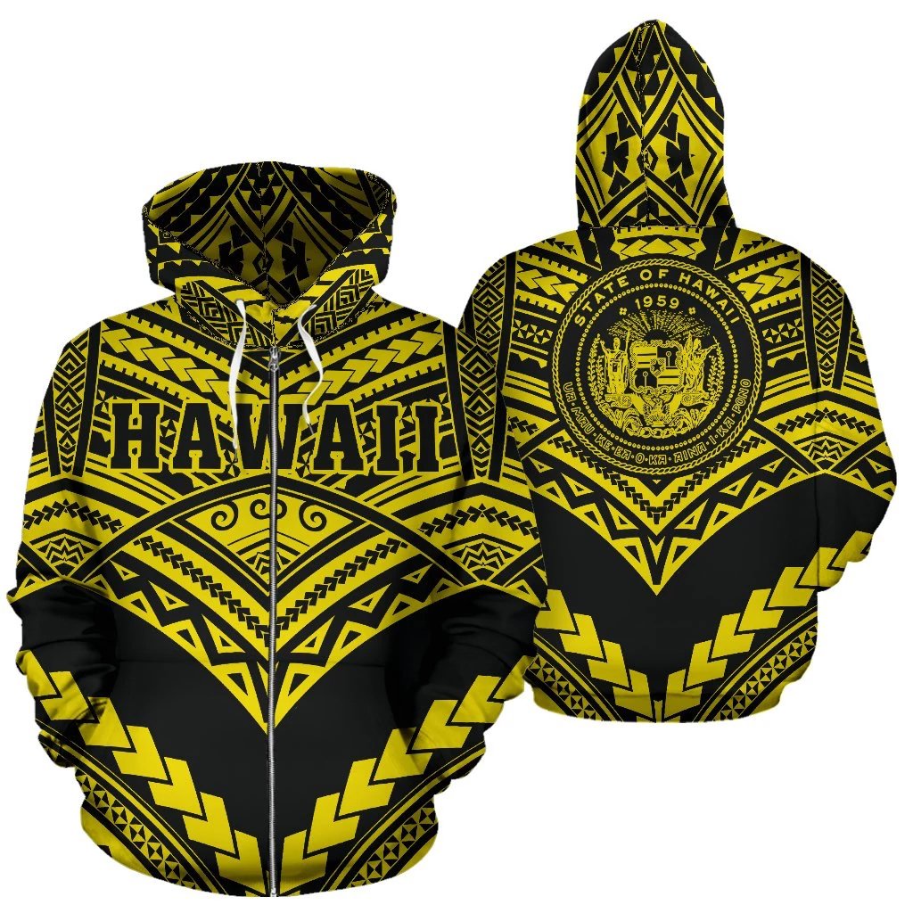 Hawaii Polynesian Zip up Hoodie Tribal New Warrior Style Yellow Color Unisex Yellow - Polynesian Pride