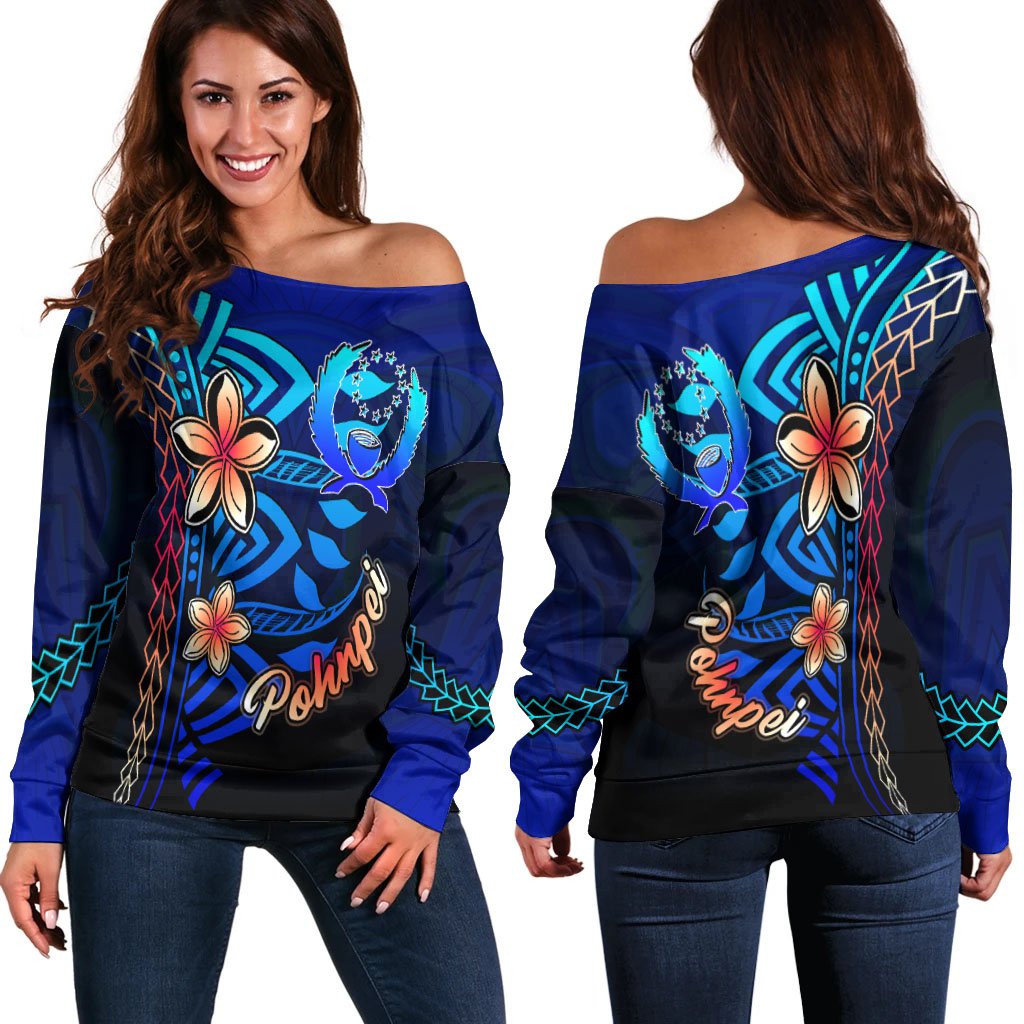 Pohnpei Women's Off Shoulder Sweater - Vintage Tribal Mountain Blue - Polynesian Pride