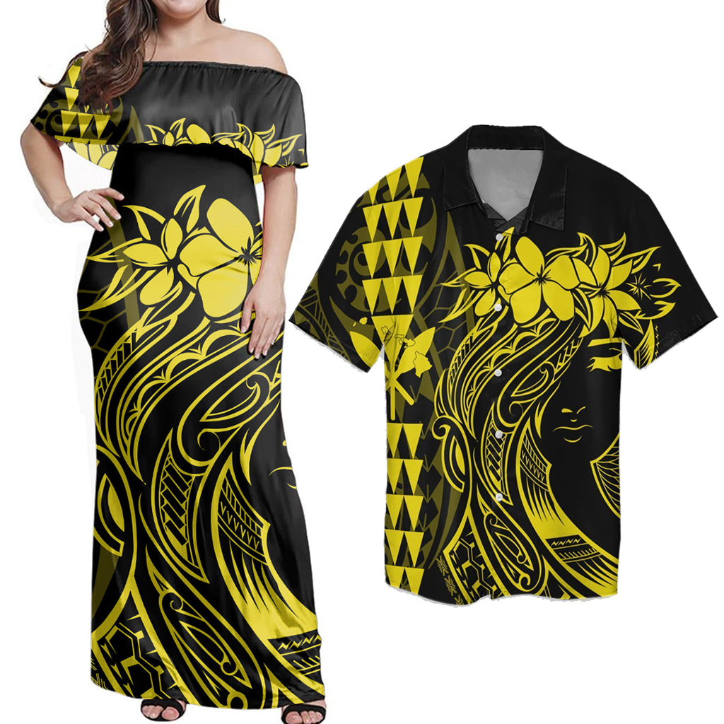 Hawaii Matching Dress and Hawaiian Shirt Hawaii Map Kanaka Polynesian Hula Girl Yellow Blue RLT14 No Dress - Polynesian Pride