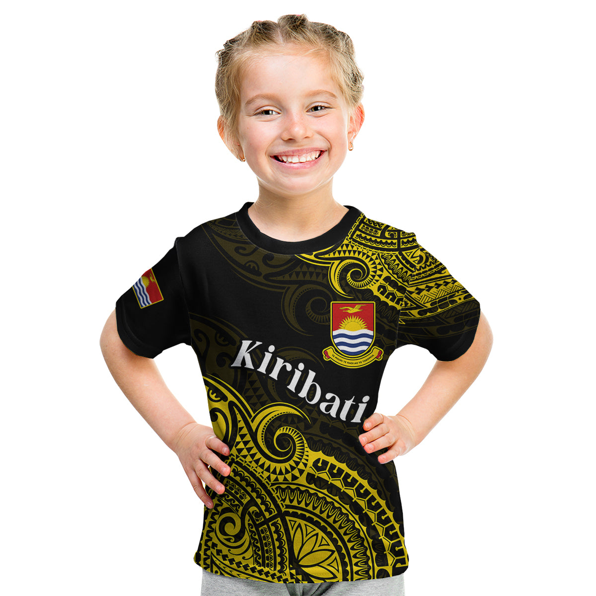 (Custom Personalised) Ribaberiki Kiribati Coat Of Arms Mix Yellow Polynesian Kid T Shirt LT14 - Polynesian Pride