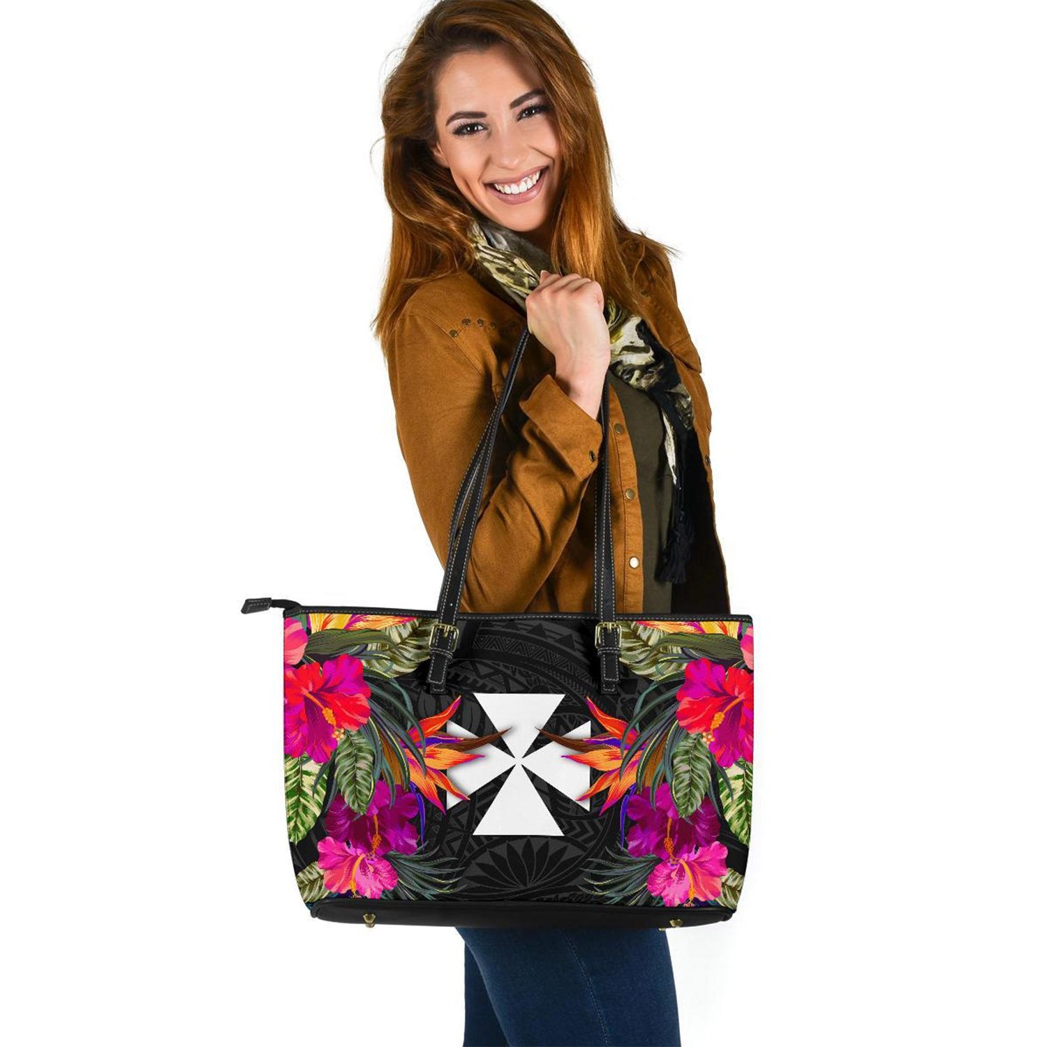 Wallis and Futuna Large Leather Tote - Polynesian Hibiscus Pattern Black - Polynesian Pride