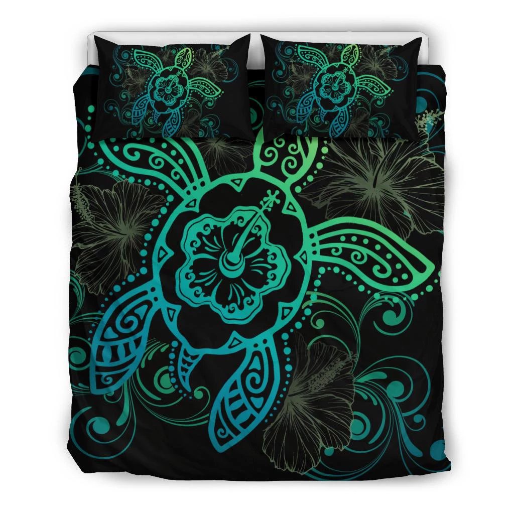 Hawaiian Hibiscus Turtle Wave Polynesian Bedding Set Green Black - Polynesian Pride