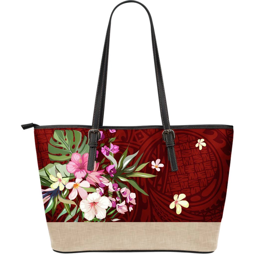 Hawaii Flower Red Large Leather Tote Red - Polynesian Pride