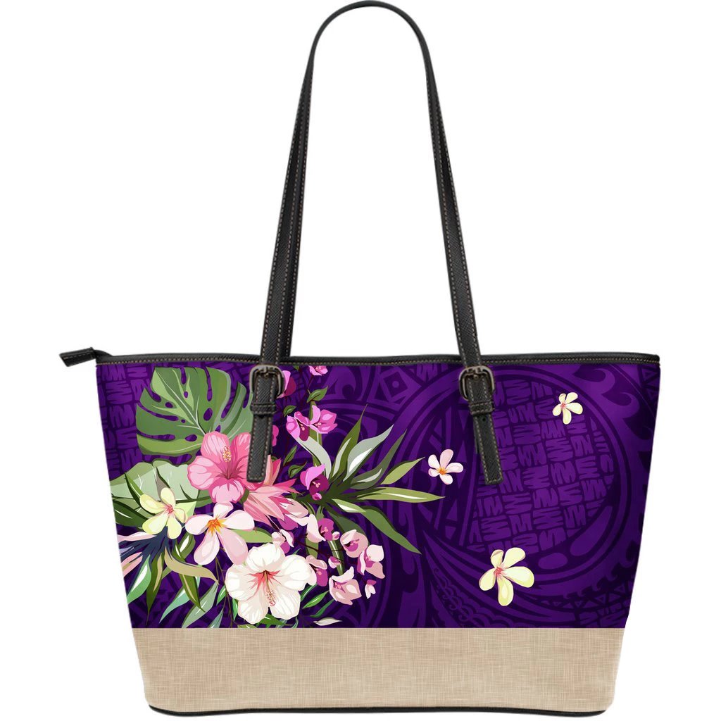 Hawaii Flower Purple Large Leather Tote Purple - Polynesian Pride