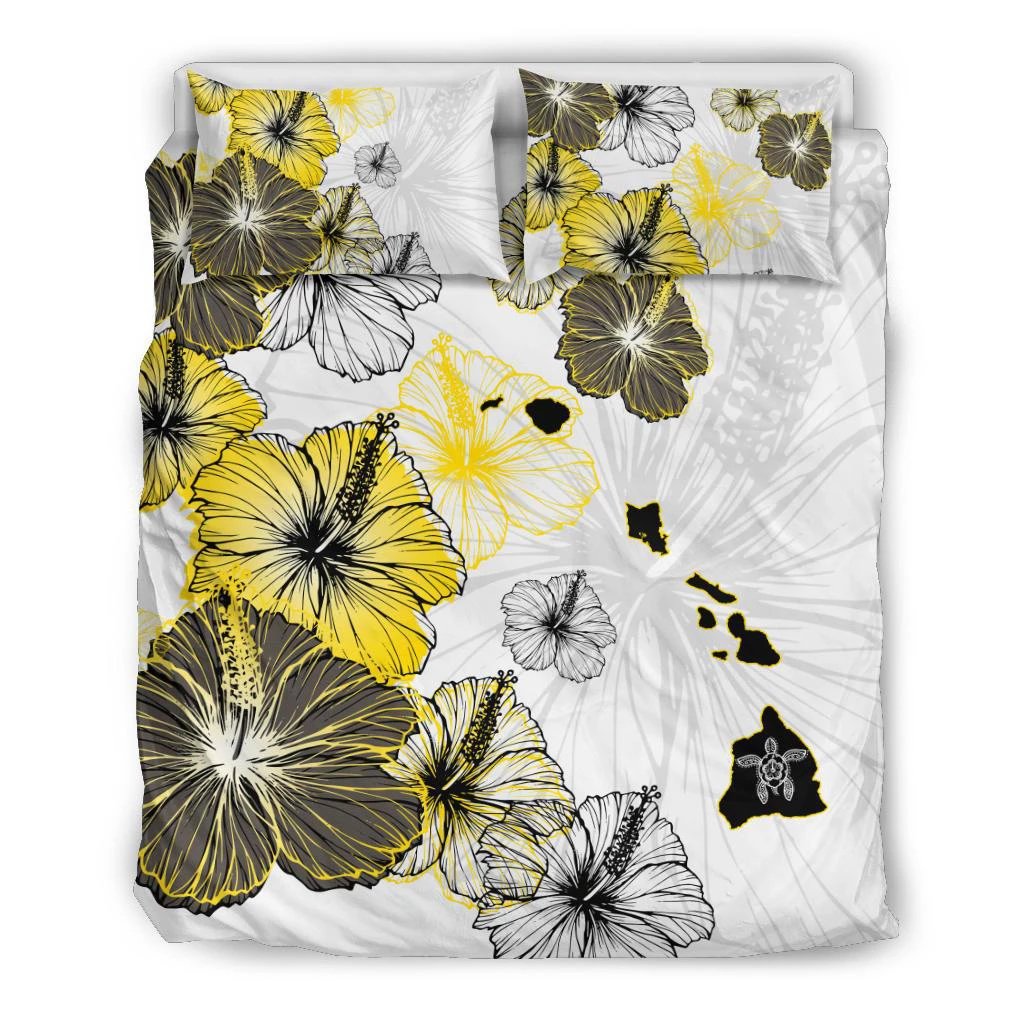 Hawaiian Map Turtle Hibiscus Polynesian Bedding Set Black - Polynesian Pride