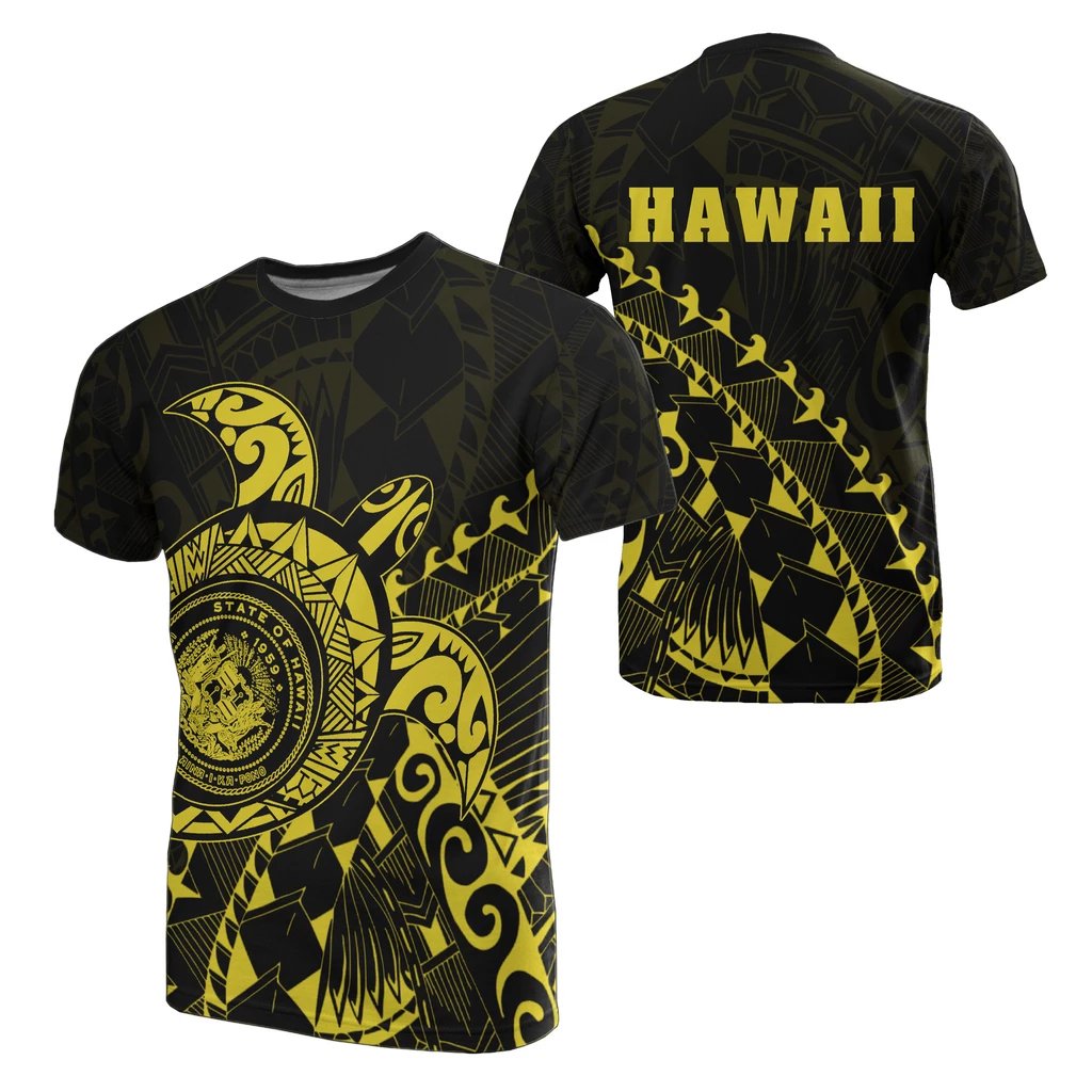 Hawaii Coat of Arms T Shirt ( Yellow) Turtle Style Unisex White - Polynesian Pride