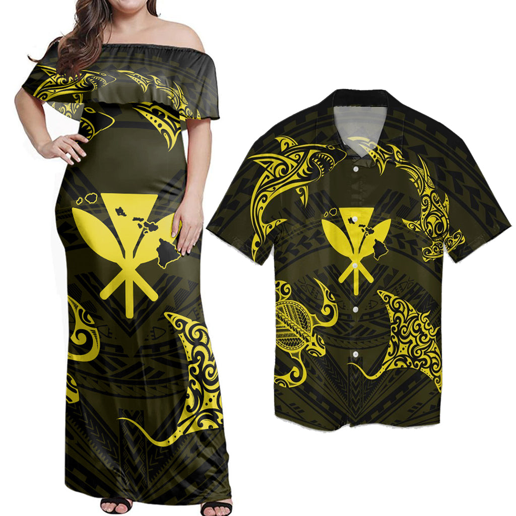 Hawaii Couple Outfits Matching Dress and Hawaiian Shirt Polynesian Turtle Hammerhead Shark Ray Kanaka Hawaii Circle Yellow RLT14 No Dress - Polynesian Pride