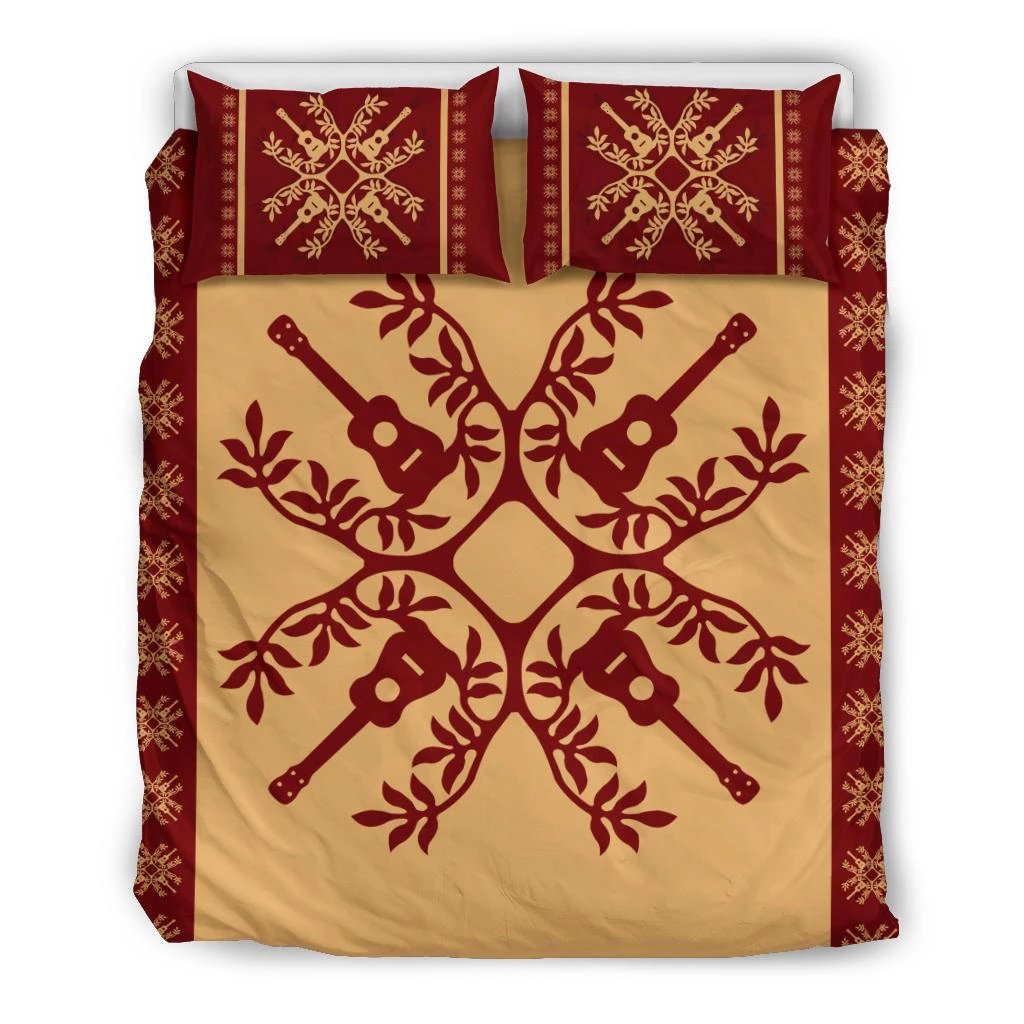 Hawaiian Quilt Pattern Guitar Symmetry Polynesian Bedding Set Black - Polynesian Pride