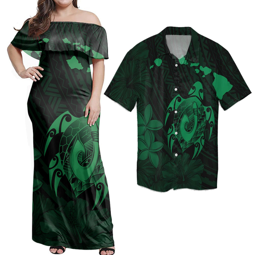 Hawaii Couple Outfits Matching Dress and Hawaiian Shirt Hawaii Map Turtle Plumeria Hibiscus Fish Hook Polynesian Green RLT14 No Dress - Polynesian Pride