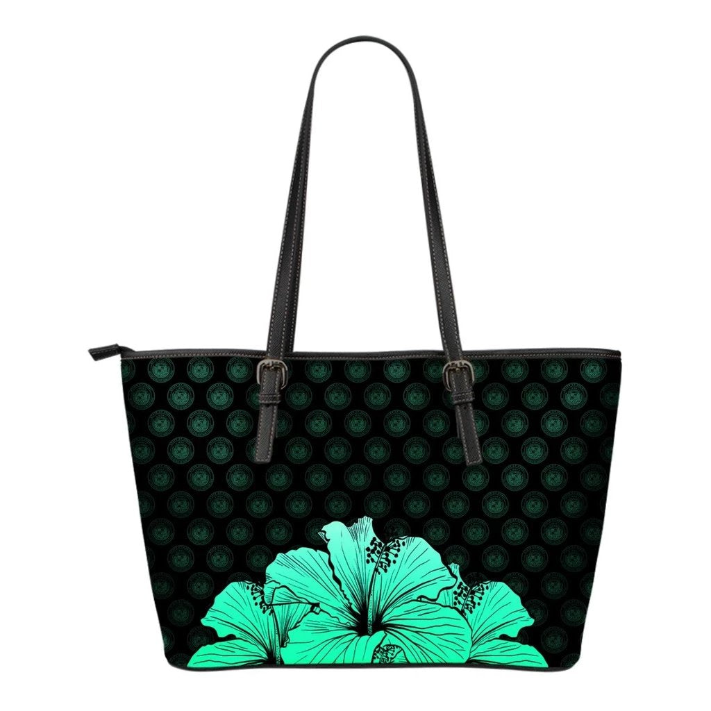 Hawaii Hibiscus Small Leather Tote Turquoise - Rich Style Turquoise - Polynesian Pride