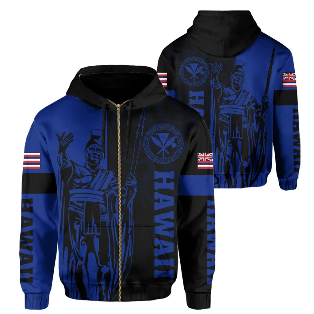 Polynesian Pride Hoodie Hawaii King Polynesian Hoodie Zip up Lawla Style Blue Zip Hoodie - Polynesian Pride
