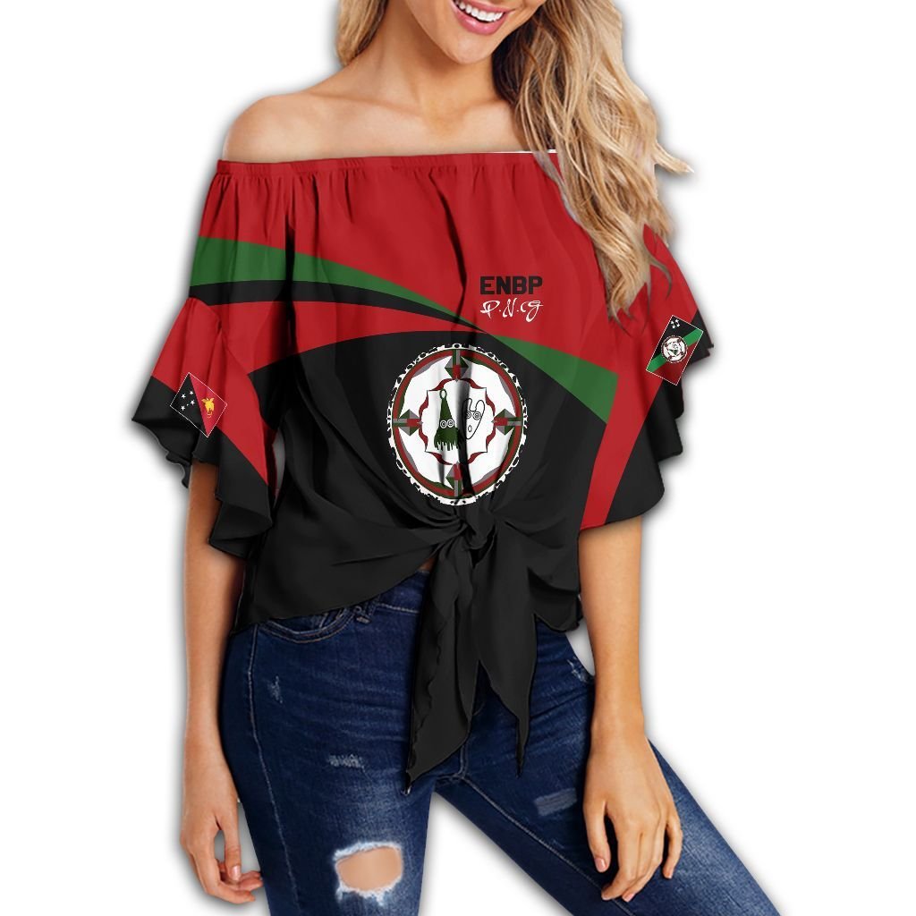 Polynesian Pride Clothing - ENBP PNG Flag Style Women's Off Shoulder Wrap Waist Top Women Black - Polynesian Pride