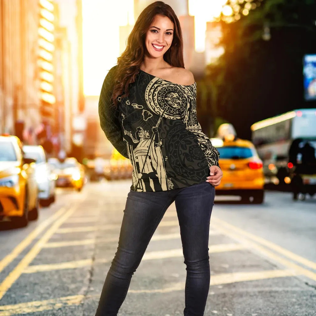 Polynesian Pride Clothing - Hawaii King Kanaka Maoli Off Shoulder Sweatshirt - Tattoo Style - Polynesian Pride