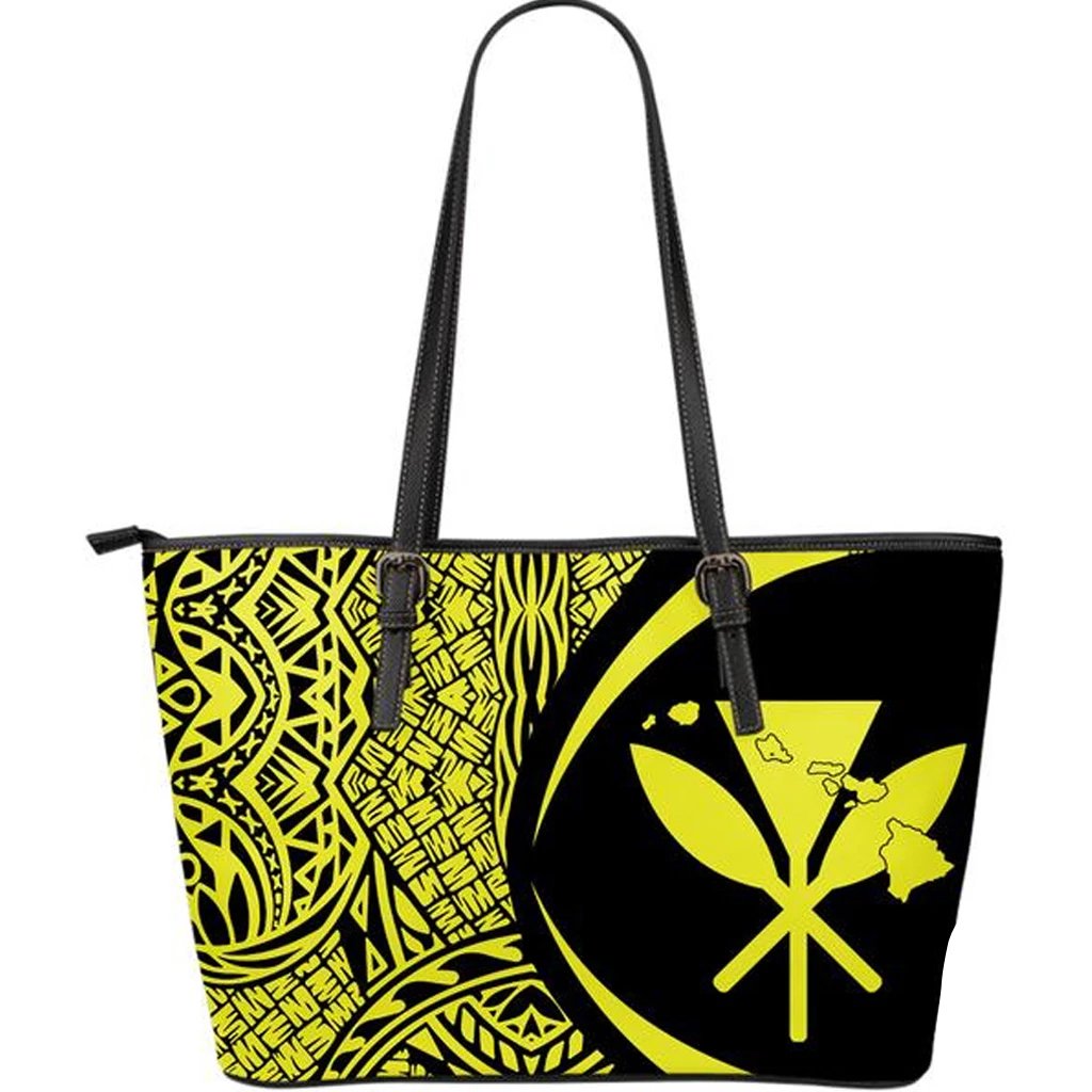 Kanaka Hawaii Map Yellow Large Leather Tote Yellow - Polynesian Pride