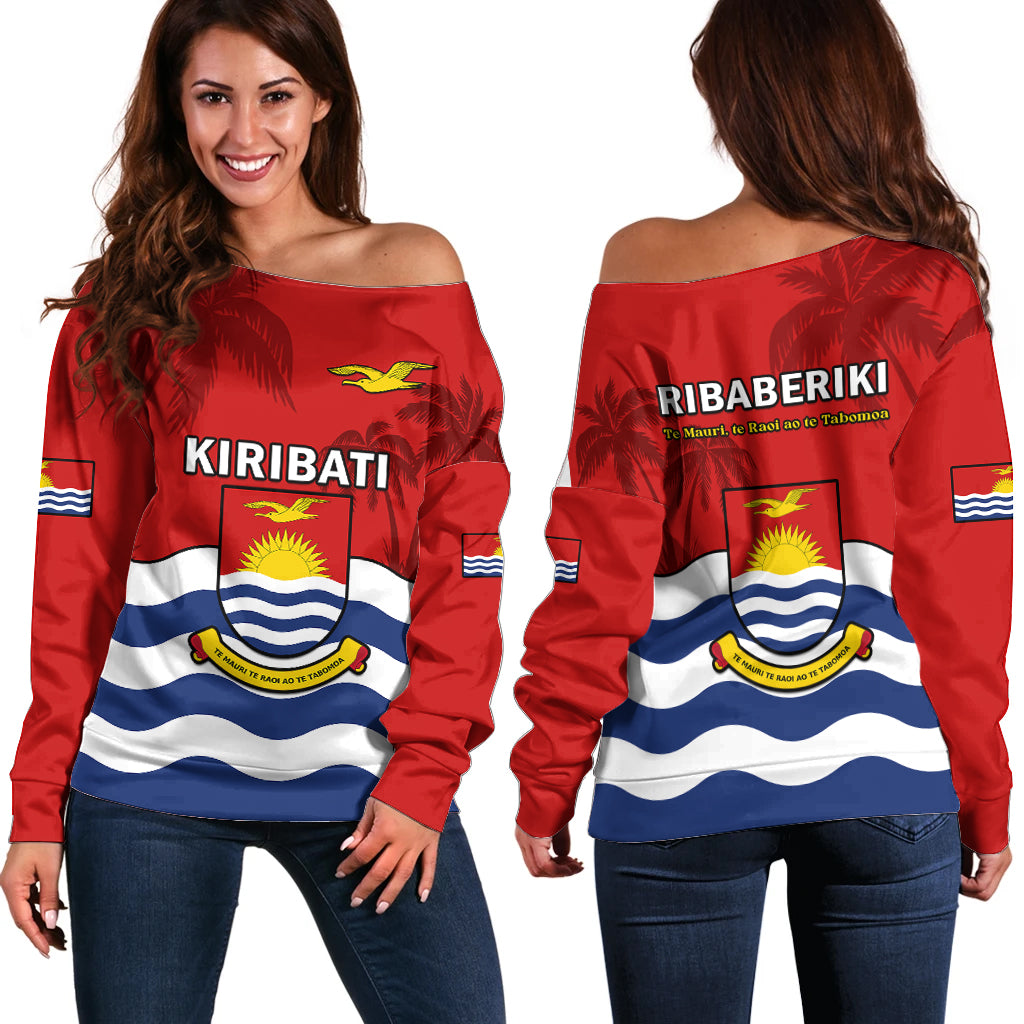 Ribaberiki Kiribati Coat Of Arms Mix Palm Trees Off Shoulder Sweater LT14 Women Red - Polynesian Pride