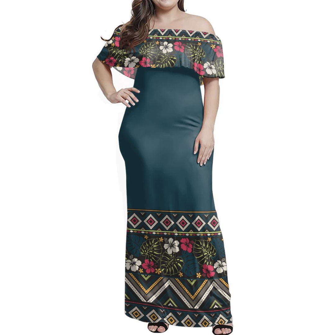 NE Fiji Bula Dress - Boho Hibiscus Lines Off Shoulder Long Dress Long Dress Peacock - Polynesian Pride