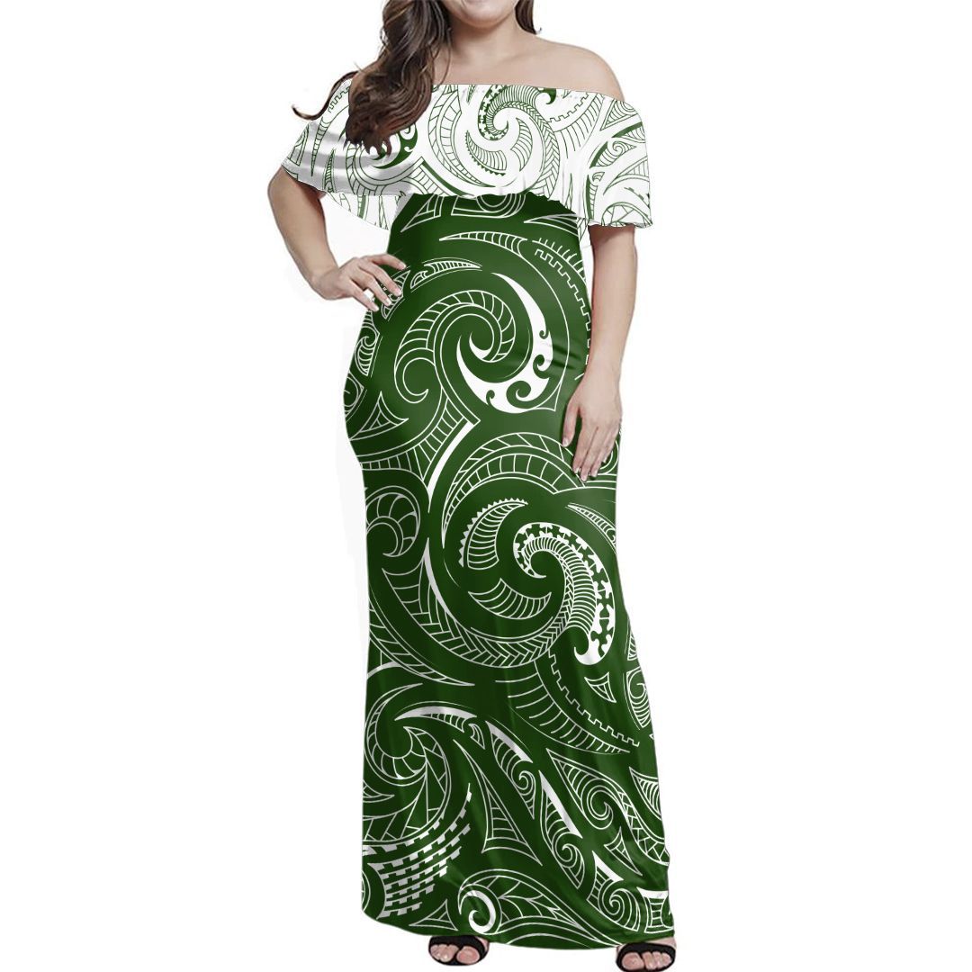 NE Maori Dress - Green Arawa Off Shoulder Long Dress Women Green - Polynesian Pride