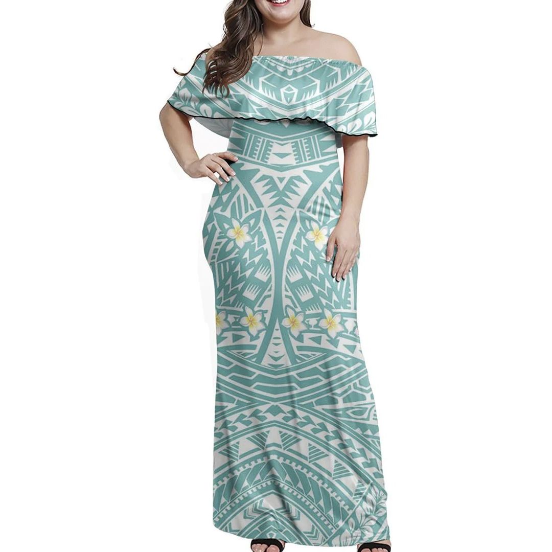 Polynesian Pride Dress - Polynesian Little Plumeria Off Shoulder Long Dress Long Dress Turquoise - Polynesian Pride