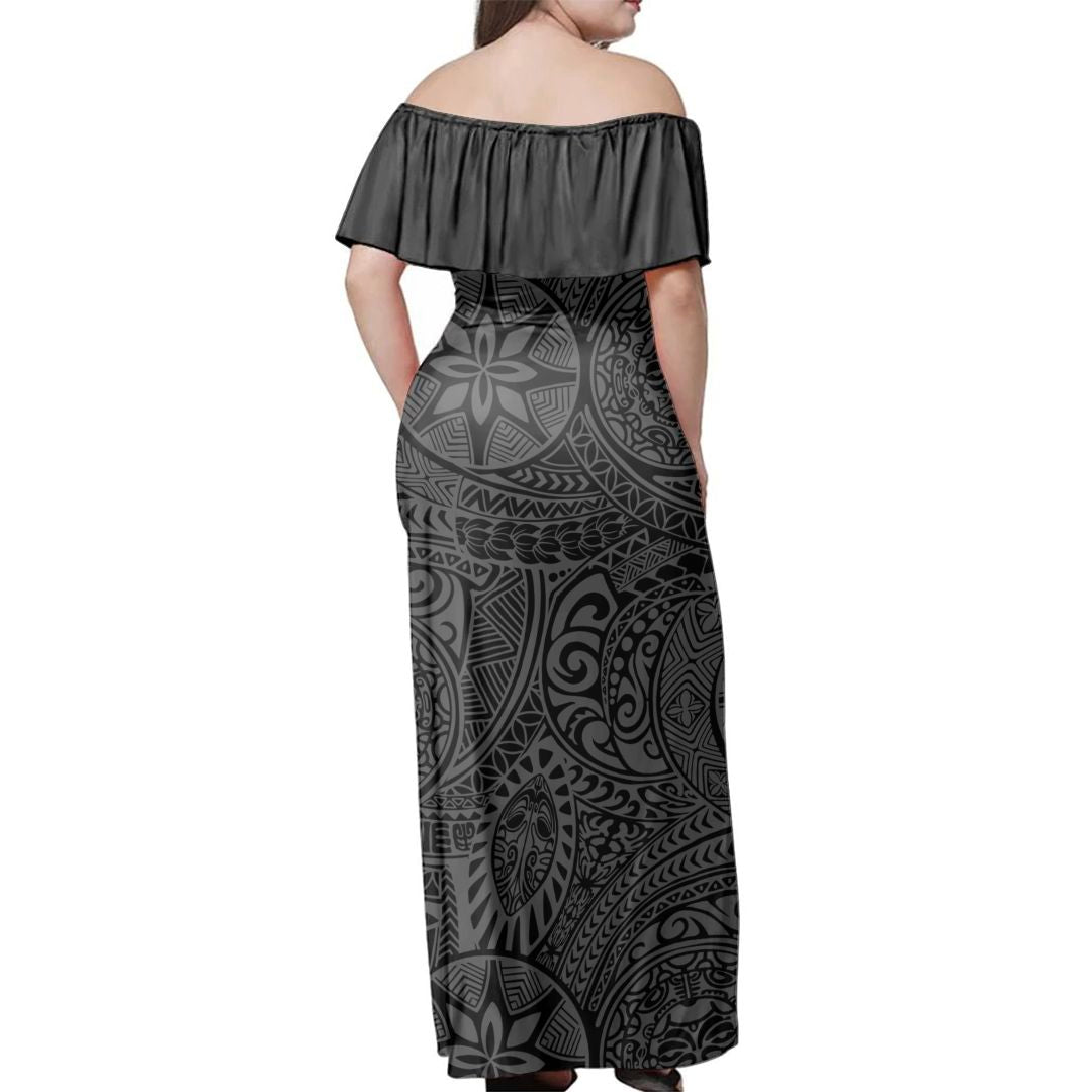 Polynesian Pride Dress - Polynesian Face Tribal Grey Off Shoulder Long Dress - Polynesian Pride