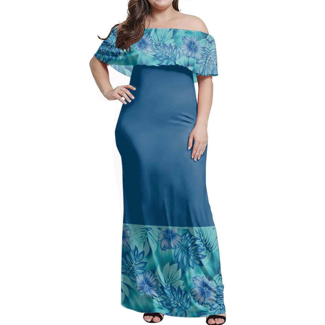 Polynesian Pride Dress - Samoan Blue Tropical Hibiscus Flowers Off Shoulder Long Dress Long Dress Blue - Polynesian Pride