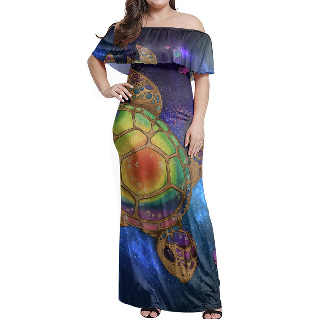 Matching Couple Hawaiian Outfits Dress and Hawaiian Shirt Hawaii Map Turtle Galaxy Blue RLT14 - Polynesian Pride