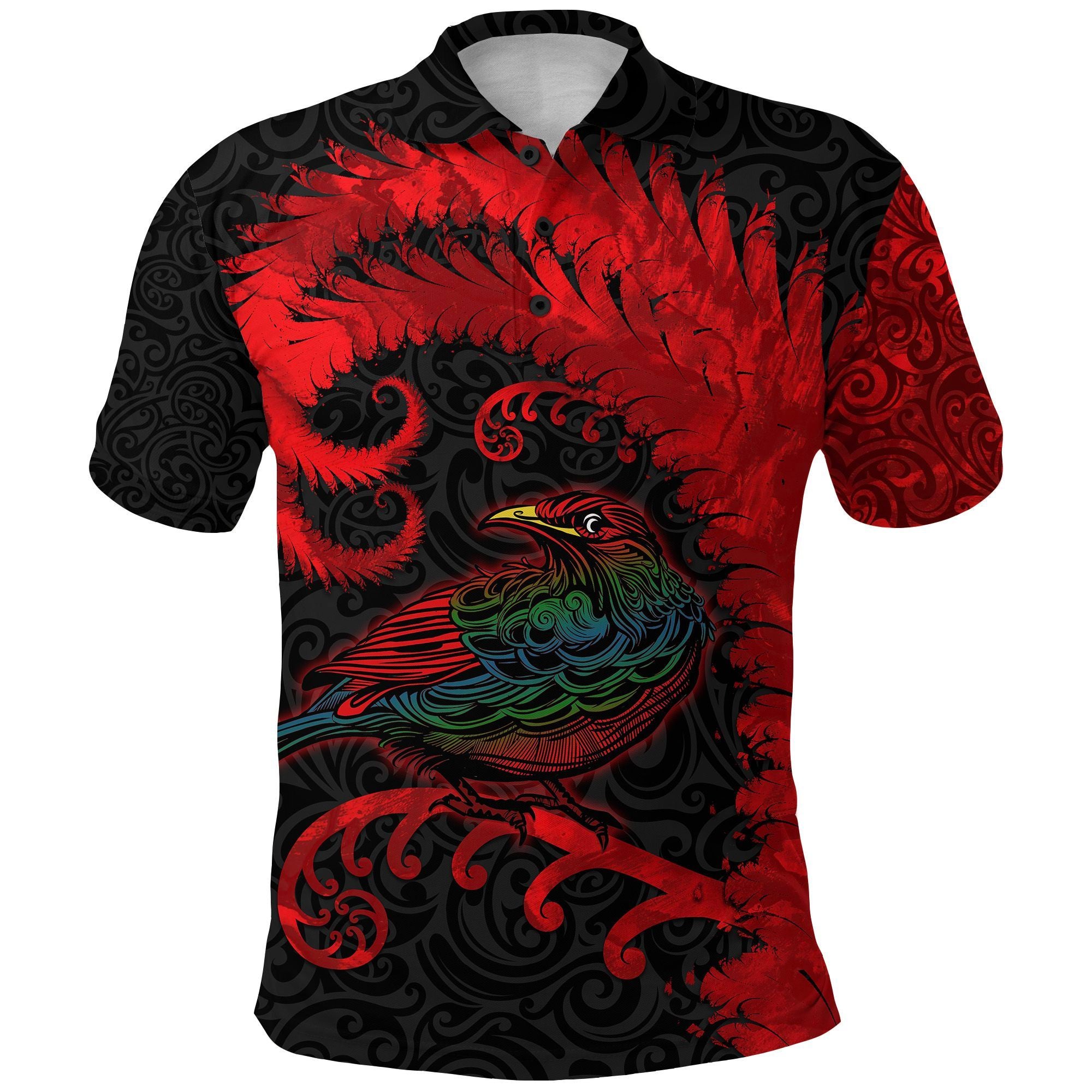 Polynesian Pride Apparel Aotearoa Tui Bird Polo Shirt Silver Fern Koru Black No.1 Unisex Art - Polynesian Pride