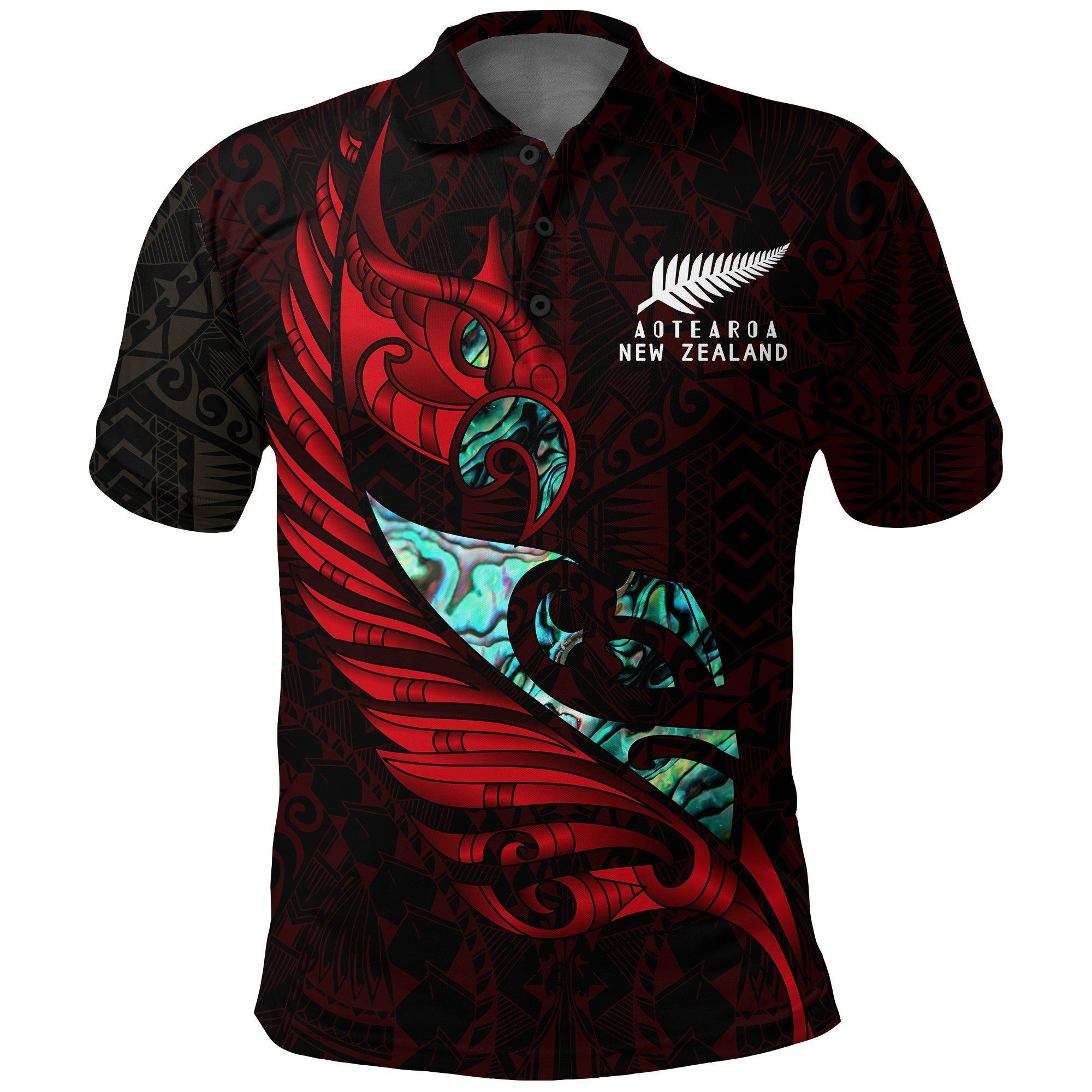 Polynesian Pride Apparel New Zealand Polo Shirt Manaia Paua Fern Wing Red Unisex Red - Polynesian Pride