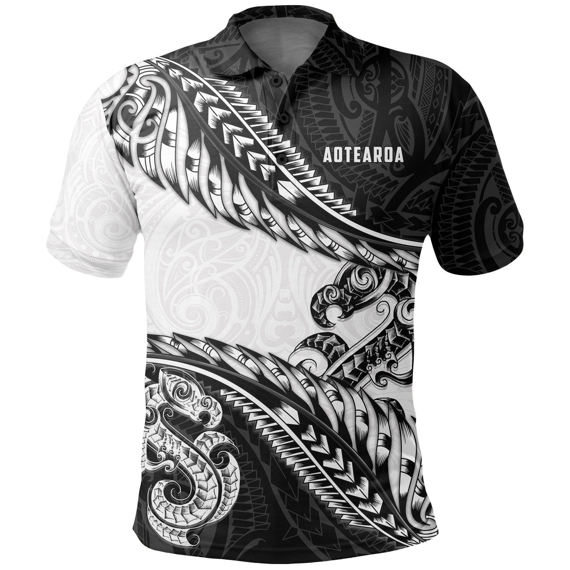 Polynesian Pride Apparel Aotearoa Polo Shirt Silver Fern Manaia Unisex Black - Polynesian Pride