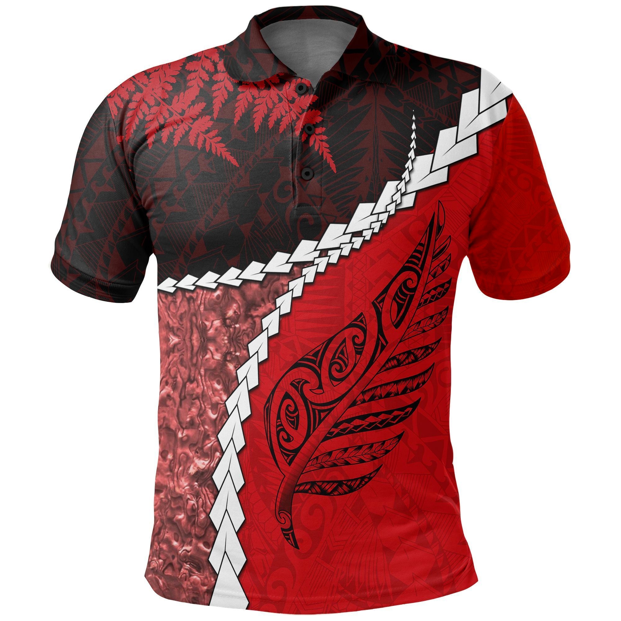 Polynesian Pride Apparel Paua Shell Maori Silver Fern Polo Shirt Red Unisex Red - Polynesian Pride