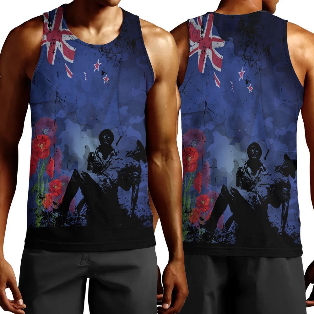 Polynesian Pride Clothing - New Zealand Anzac Day Soldier & Poppy Camouflage Men Tank Top Black - Polynesian Pride