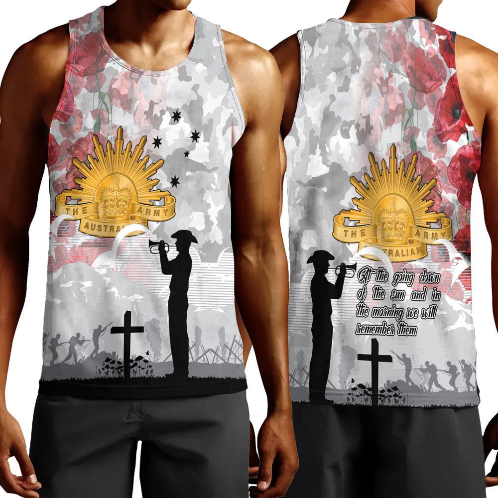 Polynesian Pride Clothing - Anzac Day Lest We Forget Camouflage & Poppy Men Tank Top Black - Polynesian Pride