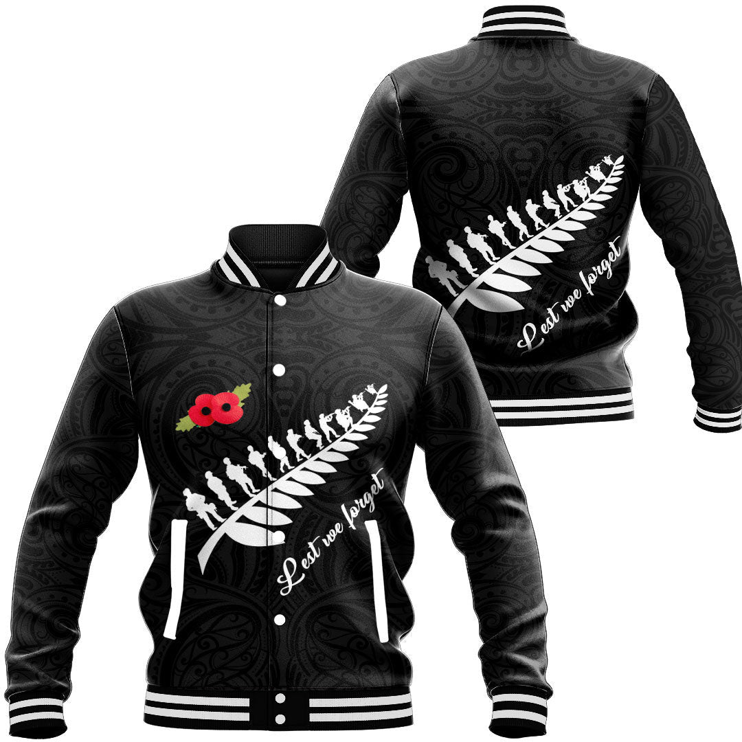 Polynesian Pride Clothing - Anzac Fern Lest We Forget Baseball Jacket Unisex Black - Polynesian Pride