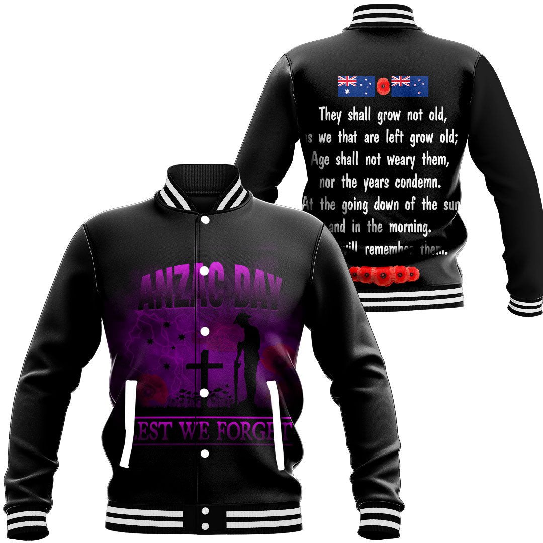 Polynesian Pride Clothing - Anzac Day Remember Australia & New Zealand Purple Baseball Jacket Unisex Black - Polynesian Pride